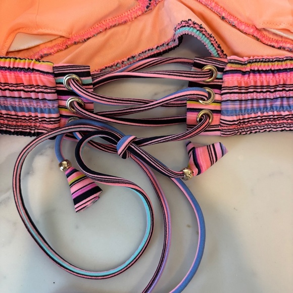 Victoria Secret Stripe Crinkle Halter Bikini Top with Lace Up Back Closure - Picture 3 of 5